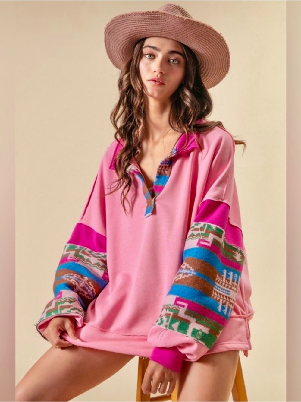 French Terry Knit and Aztec print mixed top in Pink 💖 💙